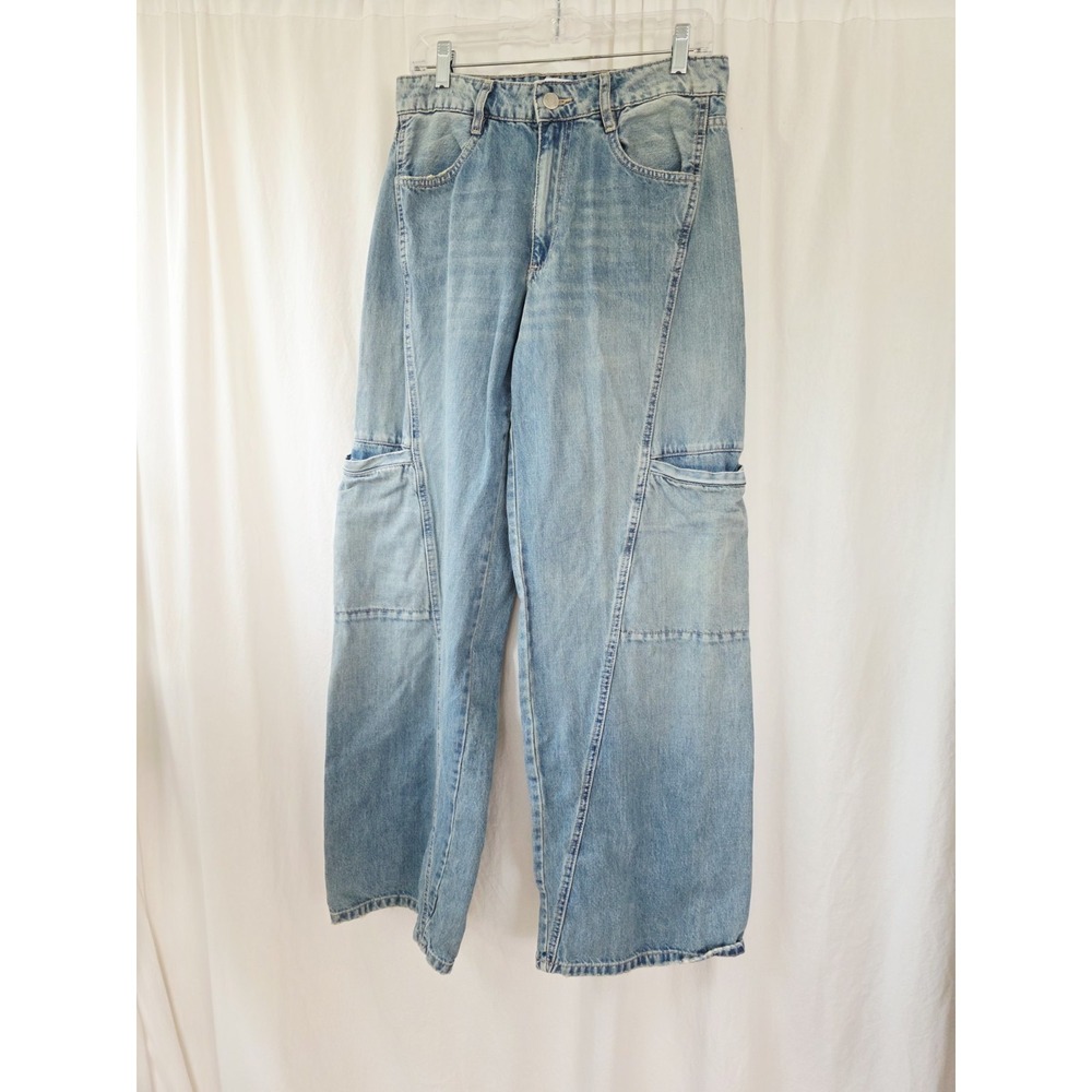 Zara Baggy Cargo Wide Leg Jeans Women Sz 6 28 Blue Distressed High Rise 30x31 - Picture 2 of 7